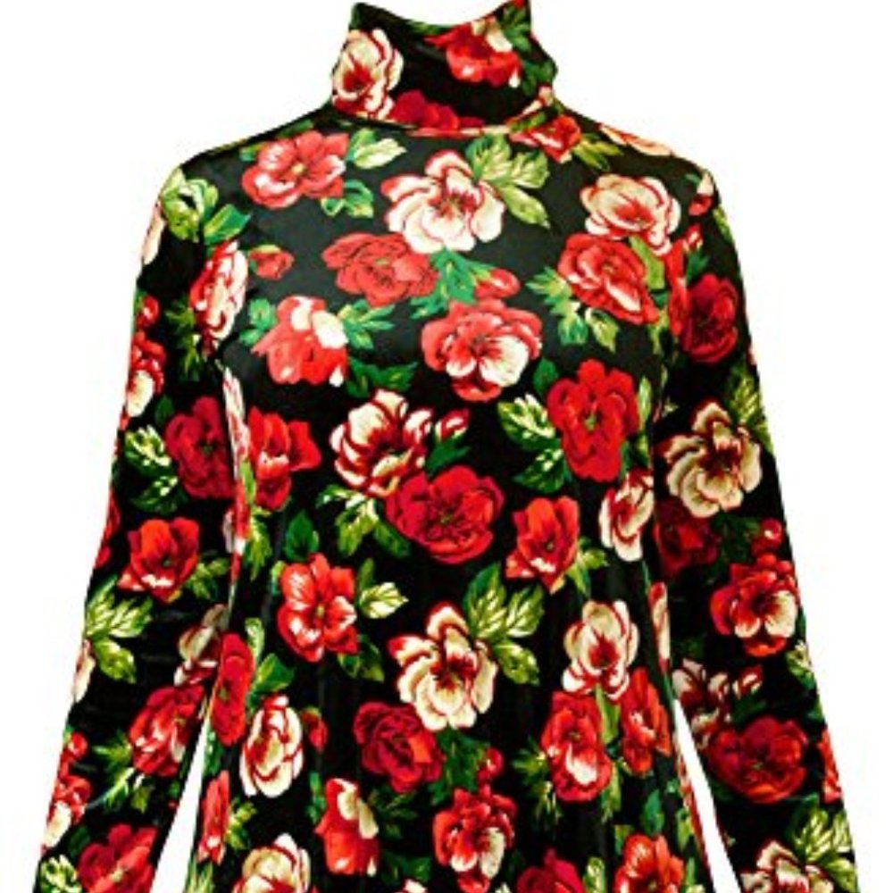 Vintage Floral Velvet Turtleneck Long Sleeve Dress - Picture 6 of 6